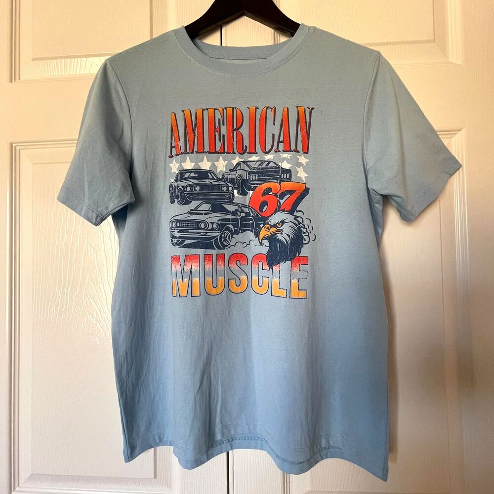 Wonder Nation Boys Size XXL 18 Light Blue American Muscle Car Graphic T-Shirt - Picture 2 of 7